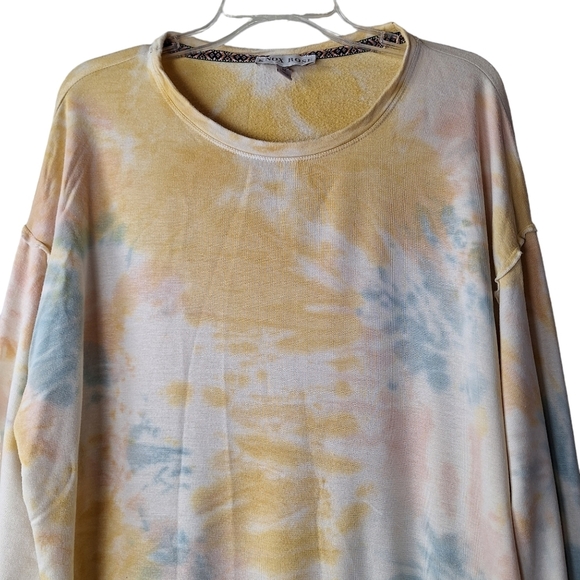 Knox Rose Medium Yellow Tie Dye Pastel Multicolor Long Ruffle Trim Sleeve Top - Picture 3 of 9